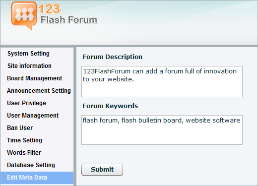 123flashforum meta description and keywords setting in admin panel, define meta description and keywords for the forum, flash forum, chat forum