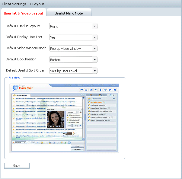 Video Layout Settings in Admin Panel of 123FlashChat, Flash Software, PHP Chat, Chat Script