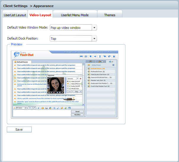 Video Layout Settings in Admin Panel of 123 Flash Chat, Chat Software