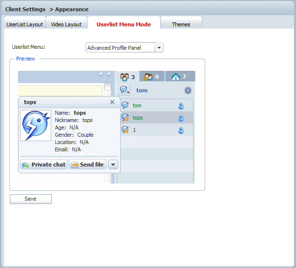 Userlist Menu Mode Settings in Admin Panel of 123 Flash Chat, Chat Software