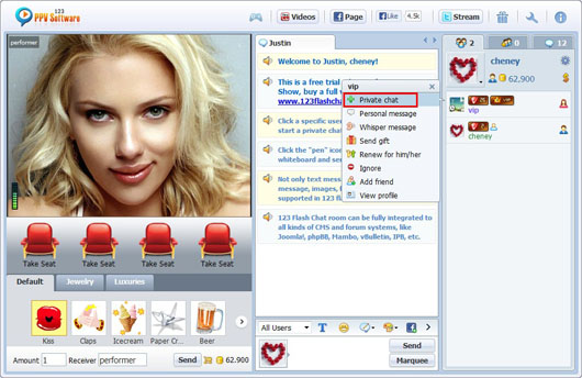 123 PPV Software Chat Software Performer Private Chat, Webcam Chat, HTML Chat, Live PPV Software, Video Chat