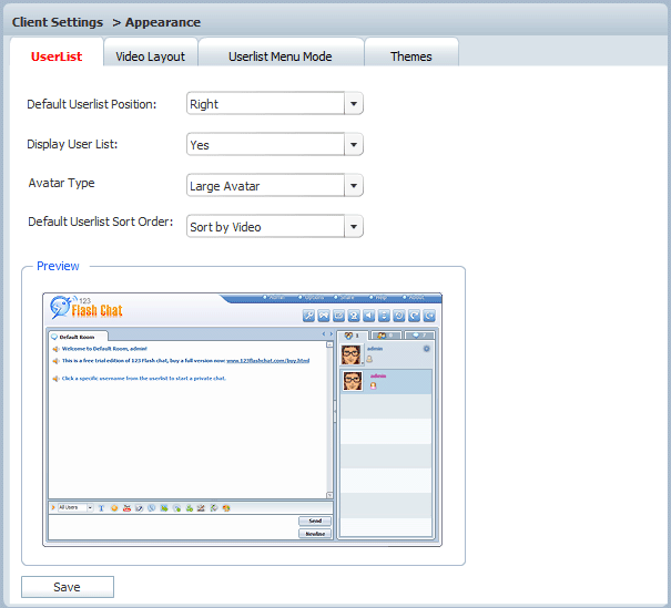 Userlist Settings in Admin Panel of 123 Flash Chat, Chat Software