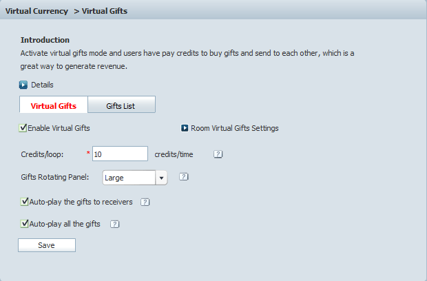 Virtual Gifts Settings in Admin Panel of 123 Flash Chat, Chat Software