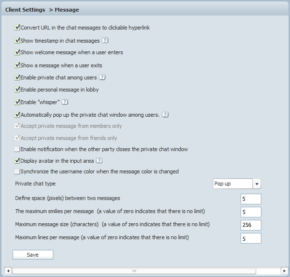Message Settings in Admin Panel of 123FlashChat, Flash Software, PHP Chat, Chat Script