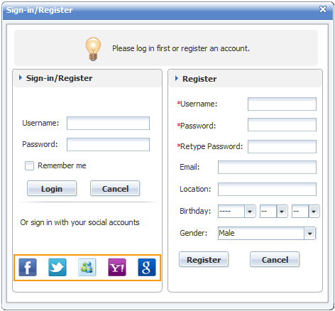 Social Connect Login Panel of 123 Flash Chat, Chat Software