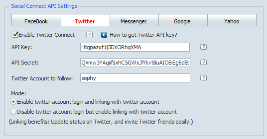 Twitter Connect Settings in Admin Panel of 123 Flash Chat, Chat Software