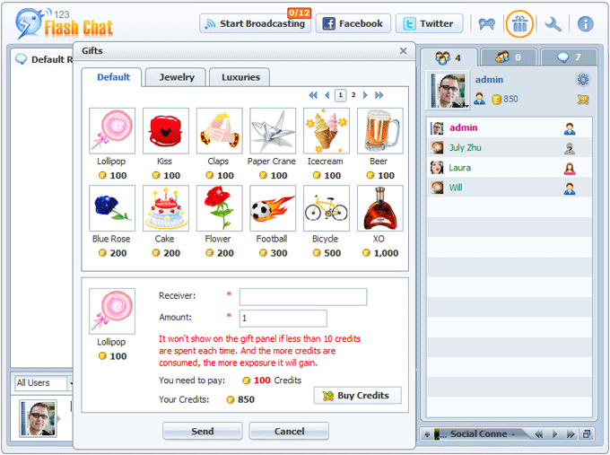 Gift Panel in Chat Lobby 123 Flash Chat, Chat Software