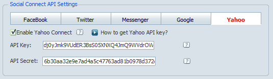 Yahoo Connect Settings in Admin Panel of 123 Flash Chat, Chat Software